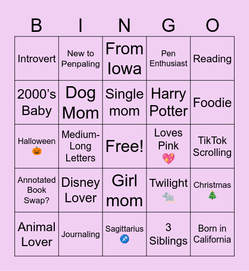 Penpal Bingo Card