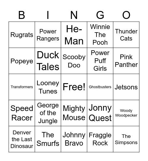 70/80/90s Cartoons Bingo Card