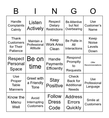 Etiquette Bingo Card