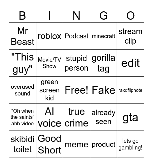 youtube shorts Bingo Card