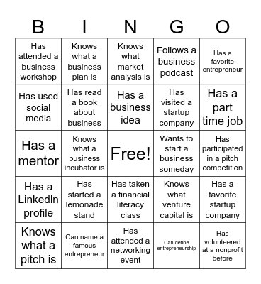Entrepreneurial Bingo Card