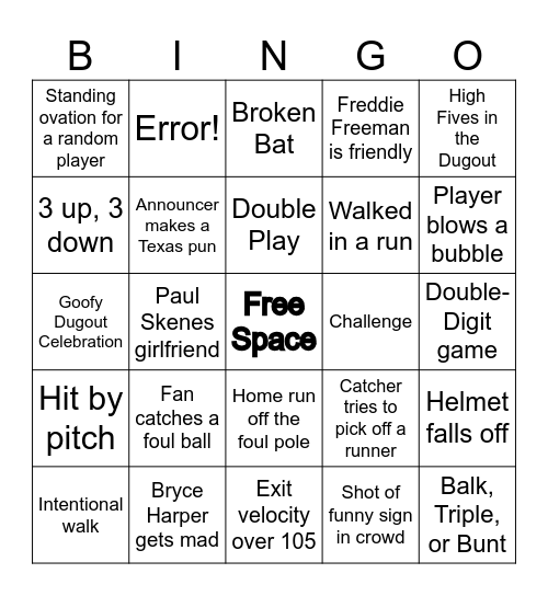 MLB All Star Game 2024 Bingo Card