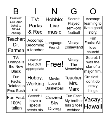 Daytime Team Bingo Card