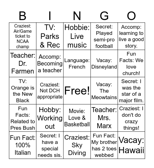 Daytime Team Bingo Card