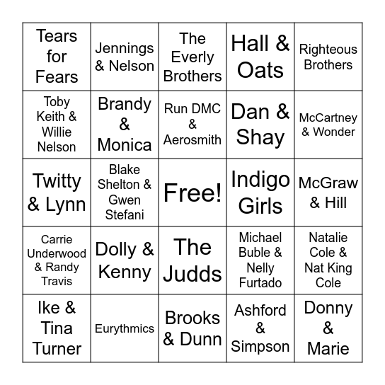 Duos & Duets Bingo Card