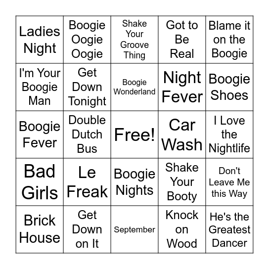 70's Boogie Bingo Card