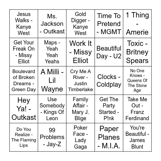 2000's Bingo Card