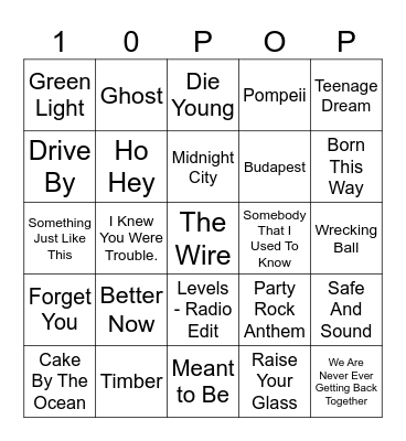 2010s Pop Bingo Card