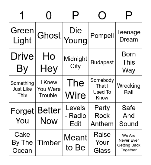 2010s Pop Bingo Card