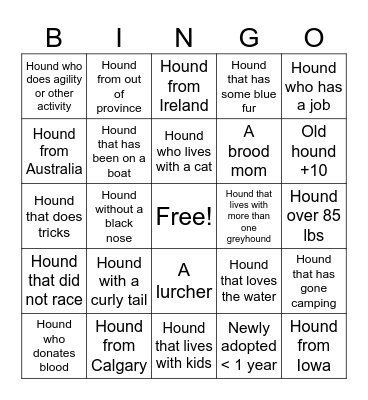 Northern Sky Greyhounds Bingo Card