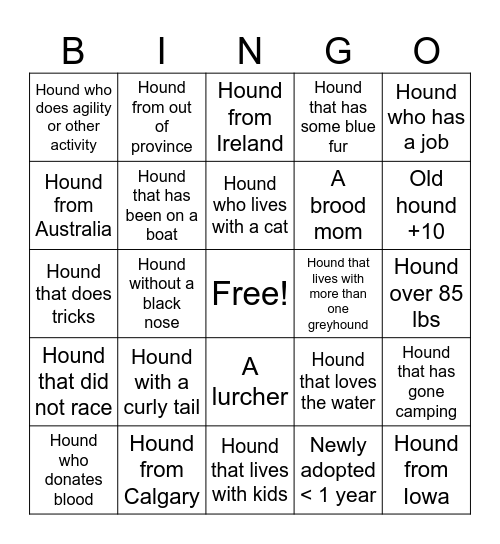 Northern Sky Greyhounds Bingo Card