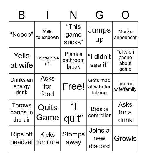 NCAA 25 Wife/Girlfriend Card Bingo Card