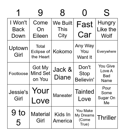 1980s Bingo Card