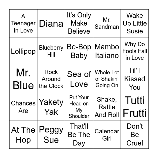 1950's Bingo Card