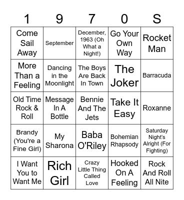 1970s Bingo Card