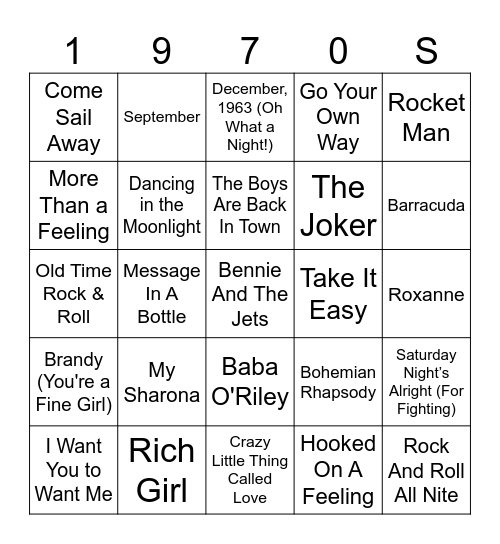 1970s Bingo Card