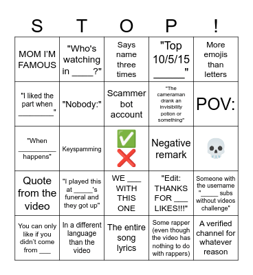 YouTube Shorts Comments Bingo Card
