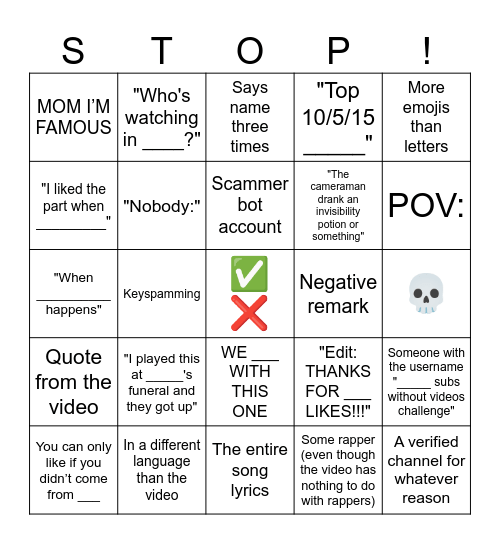 YouTube Shorts Comments Bingo Card