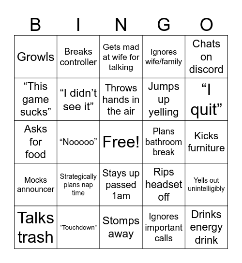 NCAA 25 Wives Card Bingo Card