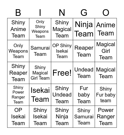 Pokemon Isekai Teams Bingo Card