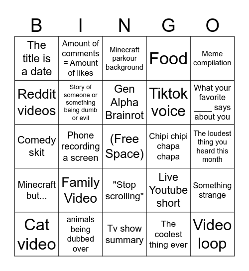 YouTube Shorts Bingo (Content) Bingo Card