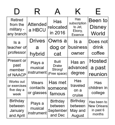 Drake Family Reunion - Nashville 2016 Bingo Card