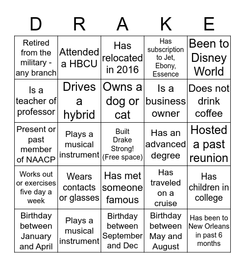 Drake Family Reunion - Nashville 2016 Bingo Card