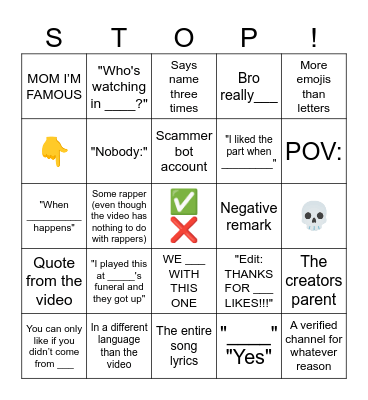 YouTube Shorts Comments Bingo Card