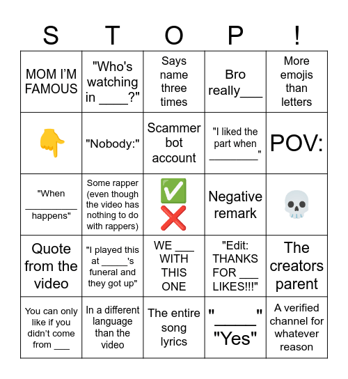 YouTube Shorts Comments Bingo Card