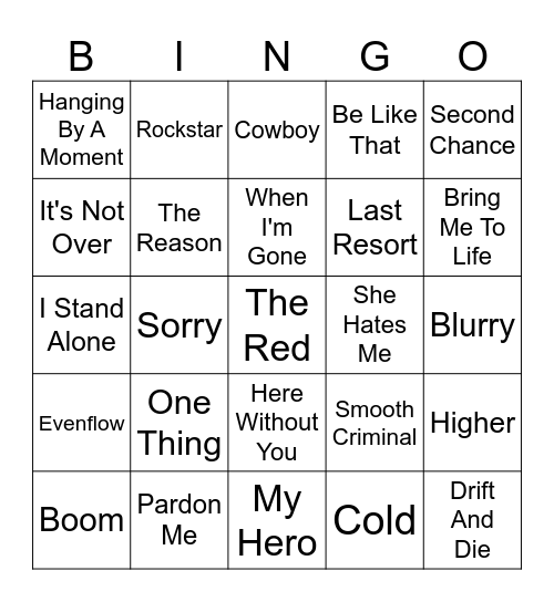 Divorced Dad Rock Bingo Card