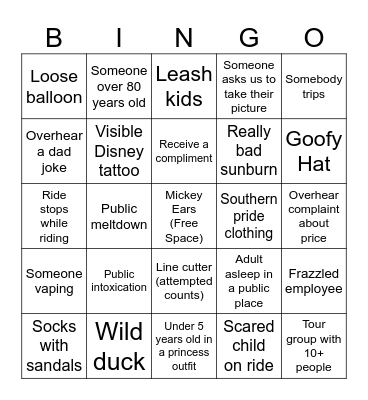 Disney World Bingo Card