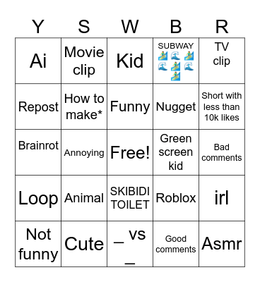 Random shorts bingo Card