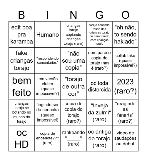 Crianças torajo Bingo Card