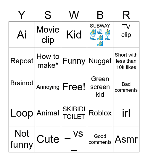 Random shorts bingo Card