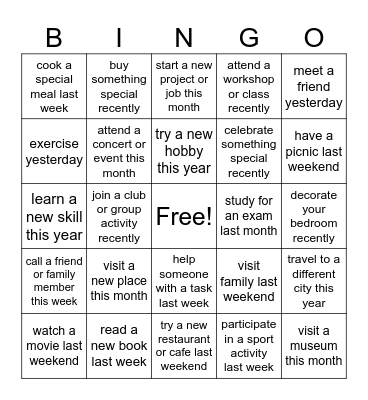 Past Tense Bingo Card