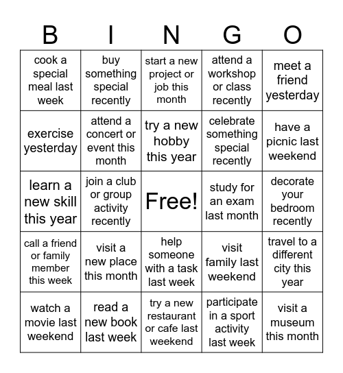 Past Tense Bingo Card