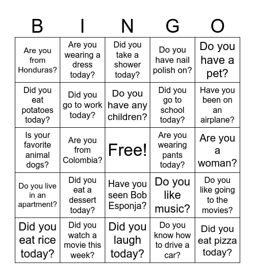 ESL Listening Bingo Card