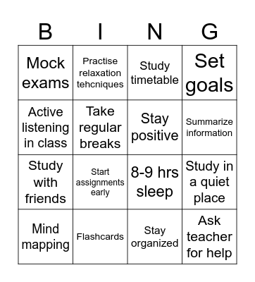 Study Skills Bingo Card