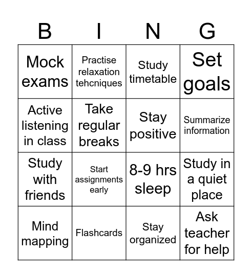 Study Skills Bingo Card