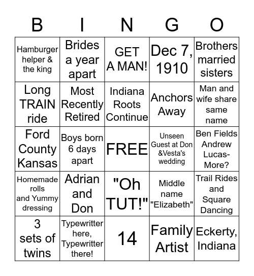 FIELDS FAMILY BINGO Card