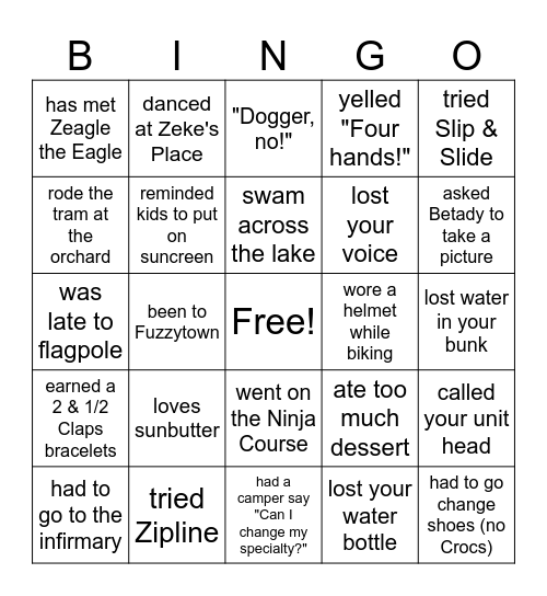 Camp Zeke Bingo Card