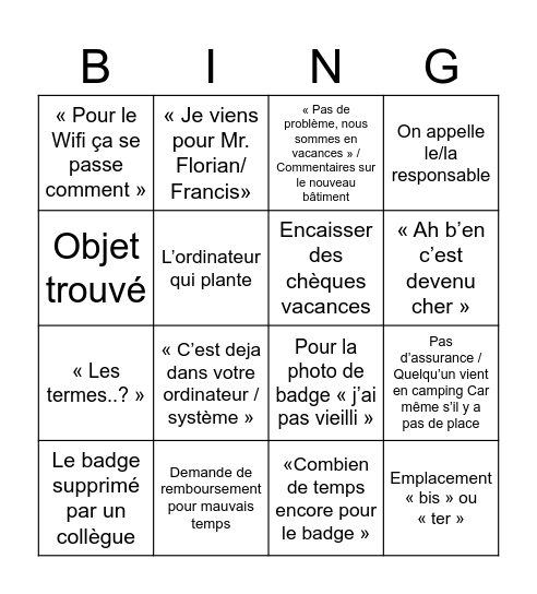 Bingo de l’accueil Bingo Card