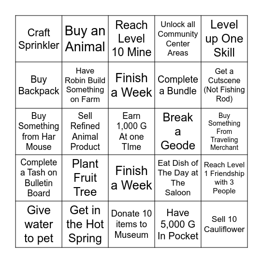 Stardew Valley Lockout Bingo Card