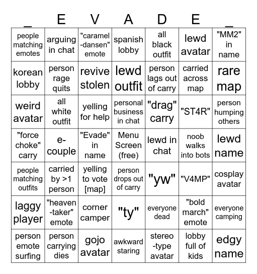 Evade Sightings (hard) Bingo Card