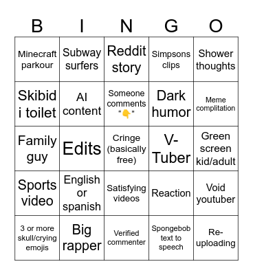 YT shorts bingo card Bingo Card