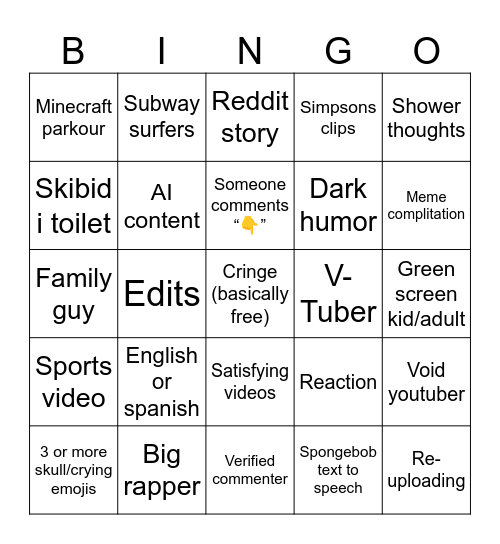 YT shorts bingo card Bingo Card