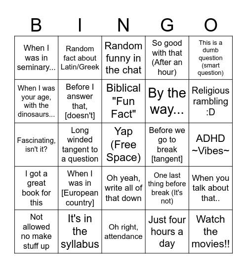 John Schmitz Bingo Card