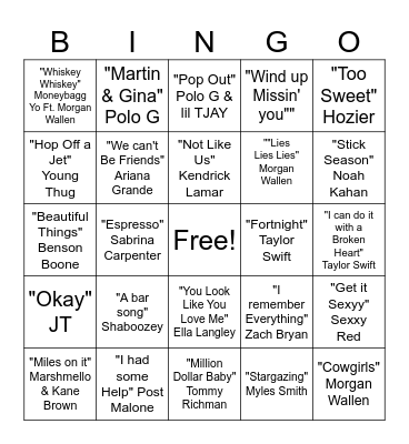 Rap&Pop Bingo Card