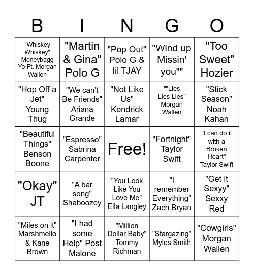 Rap&Pop Bingo Card