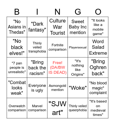 The Veilguard Hater Bingo Card